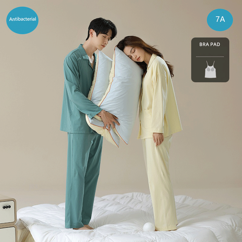 7A Antibacterial Pajamas for Couple Soft Button Up Pajama Set Long Sleeve Shirt and Pajama Pants Lounge Sets