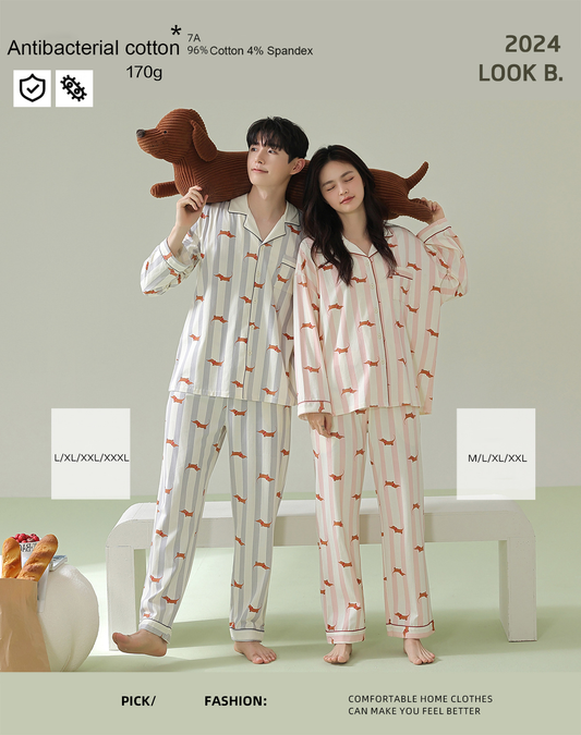 Carton Pajamas for Couple Soft Button Up Pajama Set Long Sleeve Shirt and Pajama Pants Lounge Sets