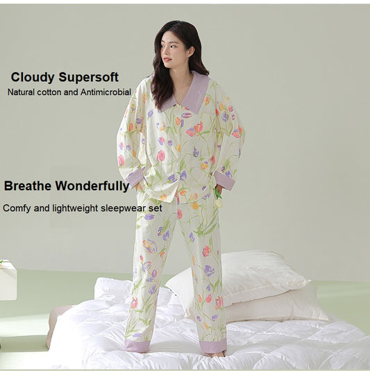 Women Pajamas Set Notch Collar Soft Sleepwear Pjs Long Sleeve Button Down Nightwear with Long Pants