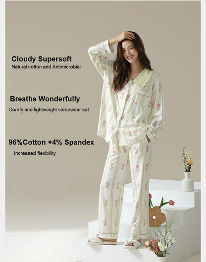 Women Pajamas Set Notch Collar Soft Sleepwear Pjs Long Sleeve Button Down Nightwear with Long Pants