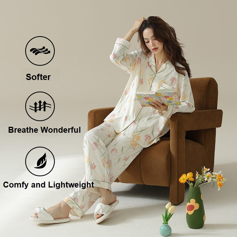 Women Pajamas Set Notch Collar Soft Sleepwear Pjs Long Sleeve Button Down Nightwear with Long Pants